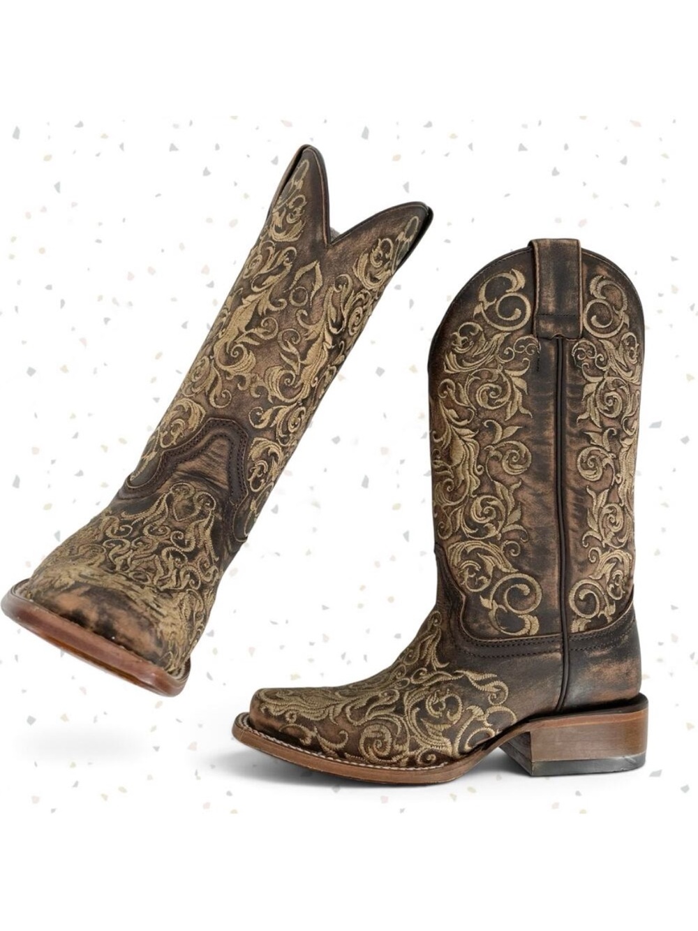 Corral Boots Brown Tan Embroidered Square Toe Western Cowboy Roper Rodeo Size 6